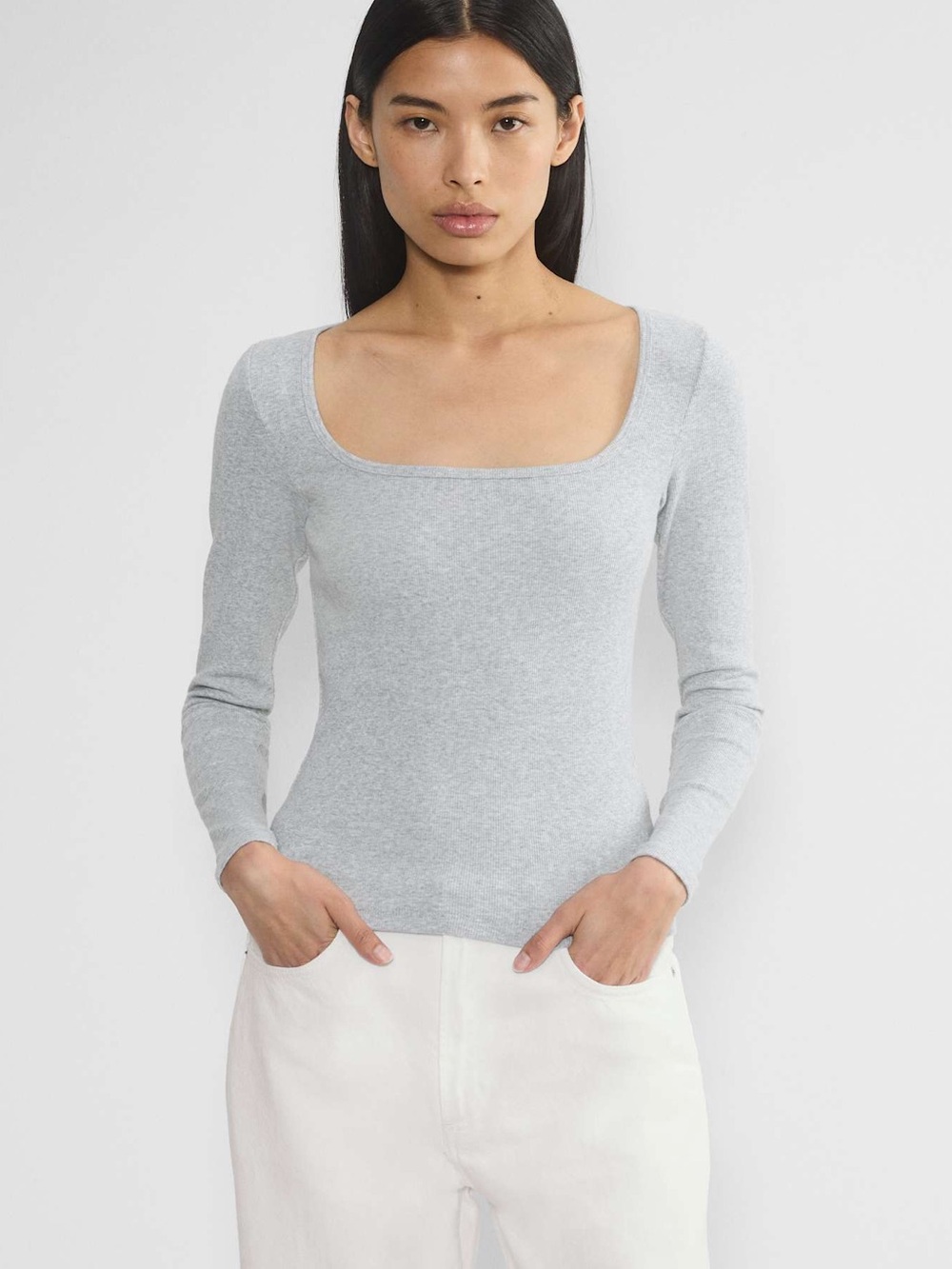 Aritzia TNA HomeStretch Rib Squareneck Longsleeve gray White Shirt Top M